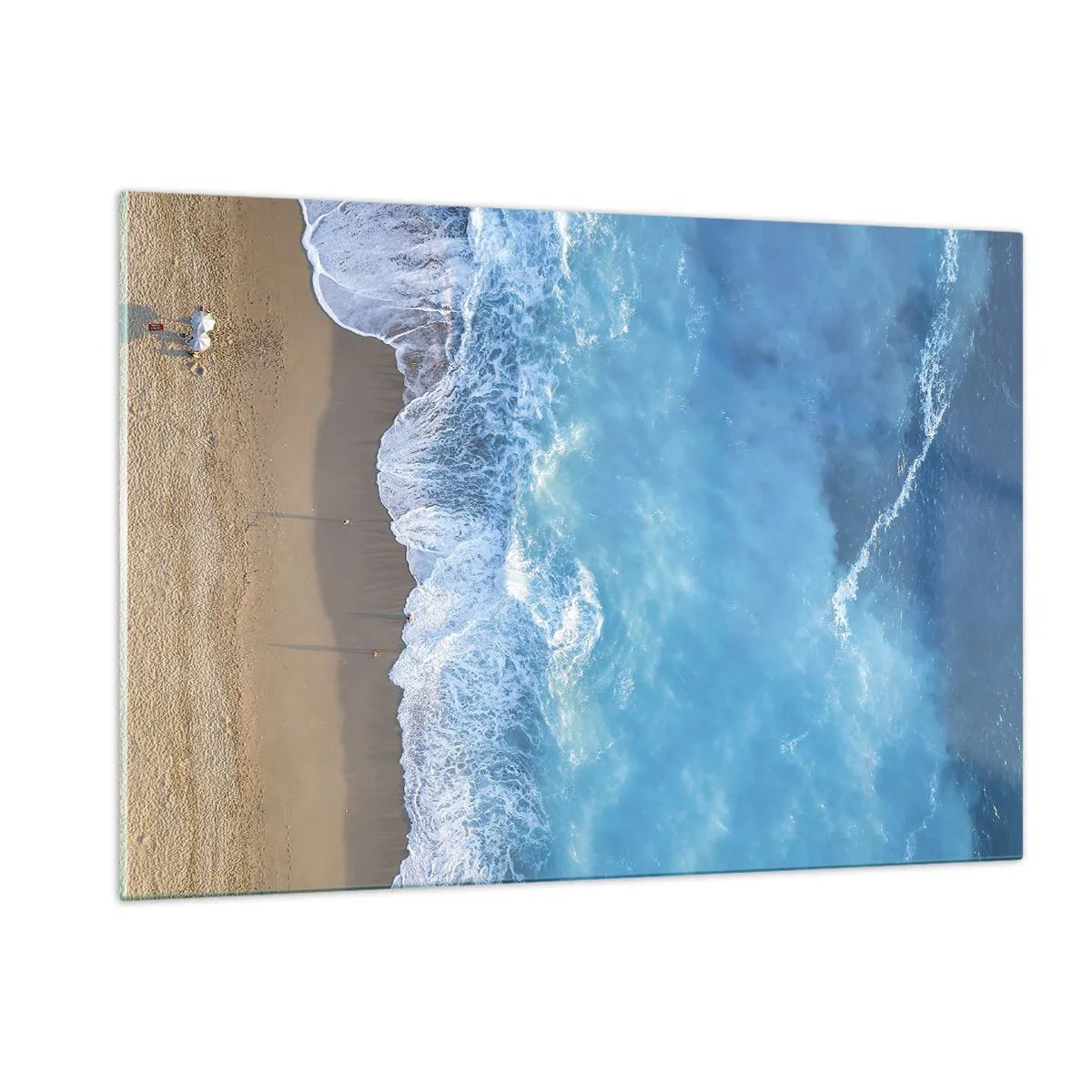 Cuadro sobre vidrio - Impresiones sobre Vidrio - Vista aérea de la playa y olas rompiendo. - 120x80cm - El poder del azul - Decoración de pared moderna para salón y dormitorio ARTTOR