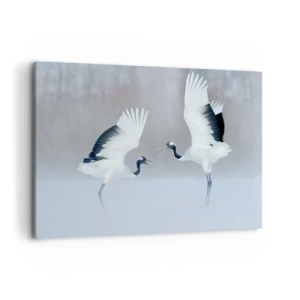 Cuadro sobre lienzo - Impresión de Imagen - Dos grullas bailando en un paisaje brumoso - 120x80cm - Danza en la niebla - Decoración de pared moderna para salón y dormitorio ARTTOR
