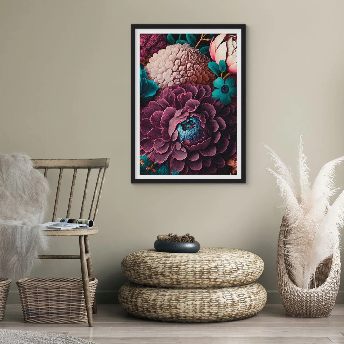 Póster en marco negro - Un arreglo floral en tonos profundos. - 50x70cm - Naturaleza en abundancia - Decoración de pared moderna para salón y dormitorio ARTTOR