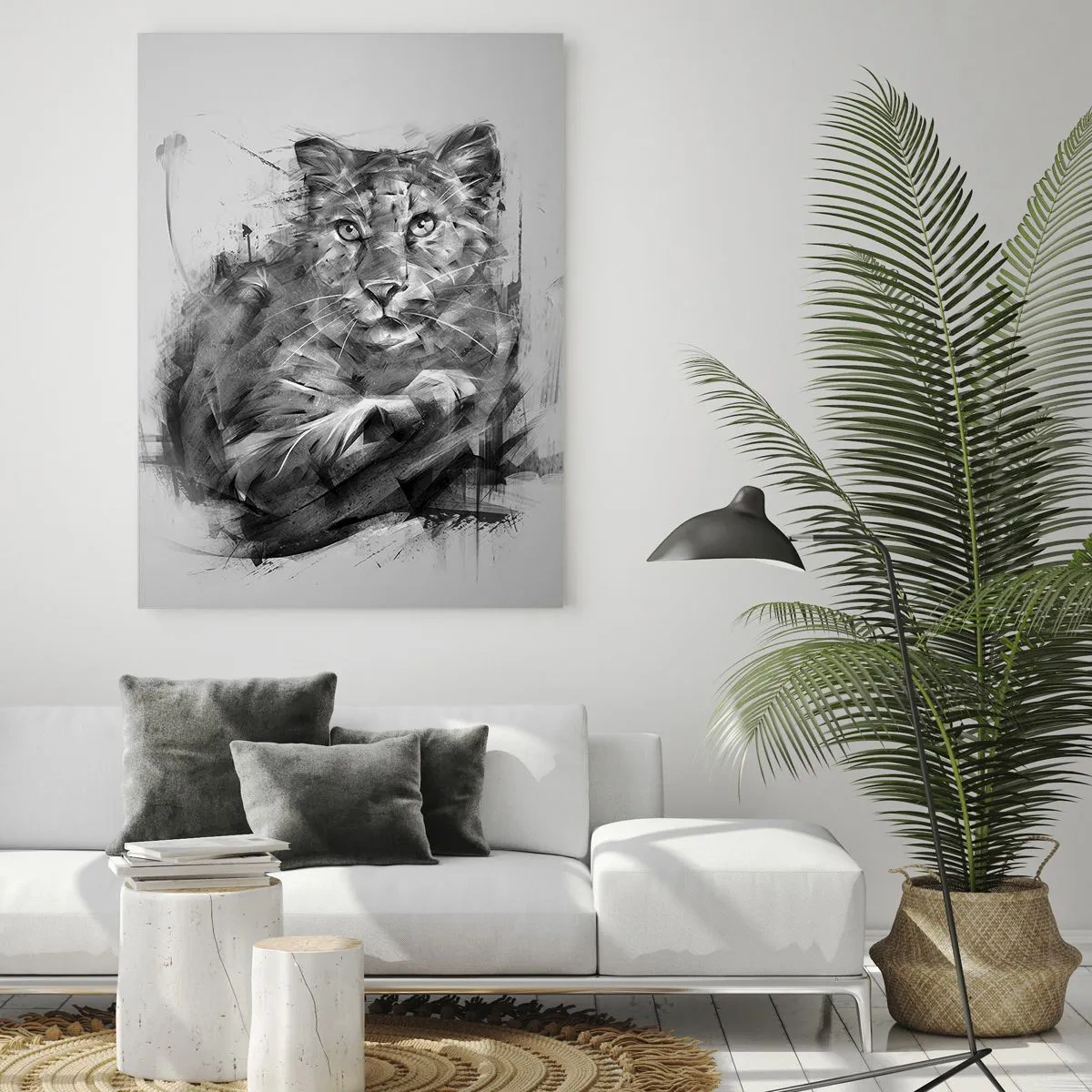 Cuadro sobre vidrio - Impresiones sobre Vidrio - Retrato en blanco y negro de un león en un estilo artístico con trazos dinámicos. - 80x120cm - Sí, estoy escuchando - Decoración de pared moderna para salón y dormitorio ARTTOR