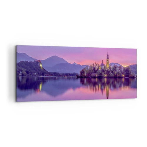 Cuadro sobre lienzo - Impresión de Imagen - Lago con una isla y una iglesia al atardecer - 120x50cm - Isla de cuento de hadas al atardecer  - Decoración de pared moderna para salón y dormitorio ARTTOR