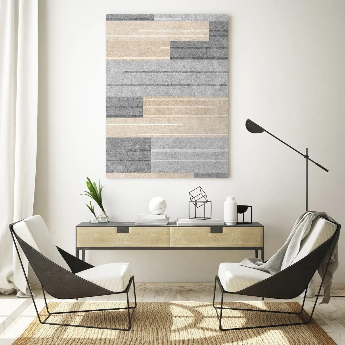 Cuadro sobre vidrio - Impresiones sobre Vidrio - Rayas geométricas en tonos grises y beige - 50x70cm - Composición: sostener la vertical - Decoración de pared moderna para salón y dormitorio ARTTOR