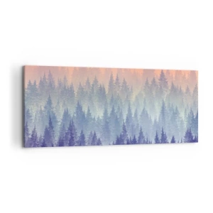Cuadro sobre lienzo - Impresión de Imagen - Un bosque brumoso en tonos morados y naranjas. - 120x50cm - Alto, más alto, hasta el cielo - Decoración de pared moderna para salón y dormitorio ARTTOR