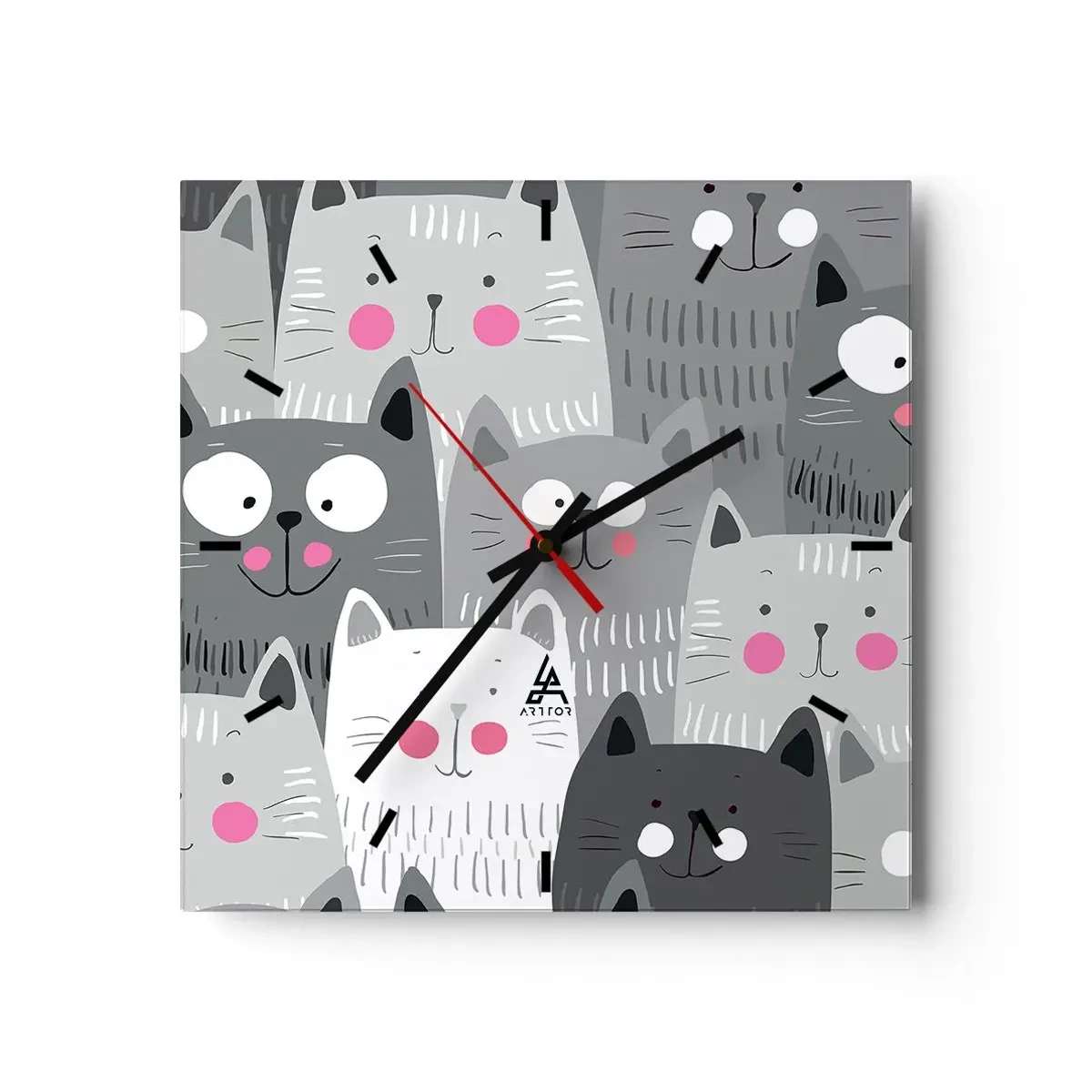 Reloj de pared - Reloj de vidrio - Un patrón divertido con gatos en tonos grises. - 30x30cm - El mundo de los gatos - Decoración de pared moderna para salón y dormitorio ARTTOR
