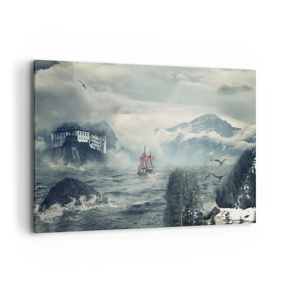 Cuadro sobre lienzo - Impresión de Imagen - Un paisaje misterioso con un castillo, montañas y un barco. - 100x70cm - En aguas mágicas - Decoración de pared moderna para salón y dormitorio ARTTOR