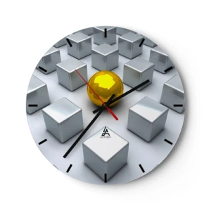 Reloj de pared - Reloj de vidrio - Una bola dorada entre cubos de plata. - 30x30cm - ¿Por qué yo? Composición geométrica - Decoración de pared moderna para salón, cocina y dormitorio ARTTOR