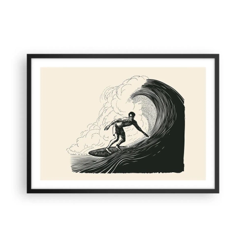 Póster en marco negro - Gráfico en blanco y negro de un surfista montando una ola. - 70x50cm - Rey de la ola - Decoración de pared moderna para salón y dormitorio ARTTOR