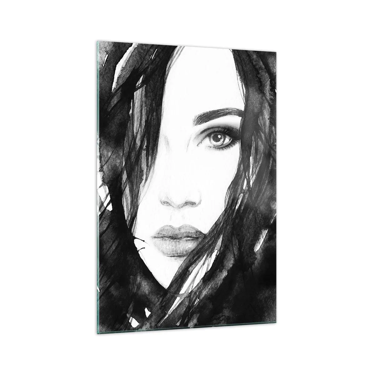 Cuadro sobre vidrio - Impresiones sobre Vidrio - Retrato de una mujer en acuarela en blanco y negro - 70x100cm - Retrato de una dama en blanco y negro - Decoración de pared moderna para salón y dormitorio ARTTOR