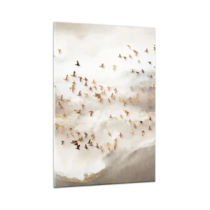 Cuadro sobre vidrio - Impresiones sobre Vidrio - Pájaros dorados contra las montañas brumosas - 80x120cm - Es hora... - Decoración de pared moderna para salón y dormitorio ARTTOR