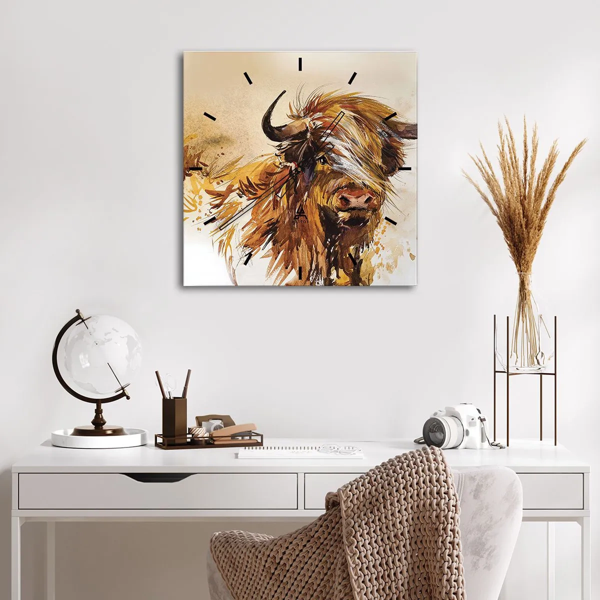 Reloj de pared - Reloj de vidrio - Retrato de un toro en estilo artístico de acuarela. - 30x30cm - El orgullo del líder - Decoración de pared moderna para salón y dormitorio ARTTOR