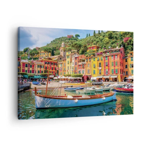 Cuadro sobre lienzo - Impresión de Imagen - Casas y barcos coloridos en una ciudad costera italiana - 70x50cm - Mañanas italianas - Decoración de pared moderna para salón y dormitorio ARTTOR