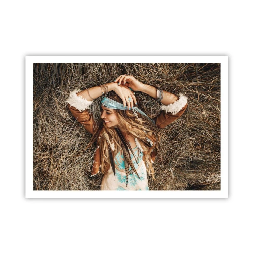 Póster - Mujer de estilo boho tumbada sobre el heno - 100x70cm - El verano del amor - Decoración de pared moderna para salón y dormitorio ARTTOR