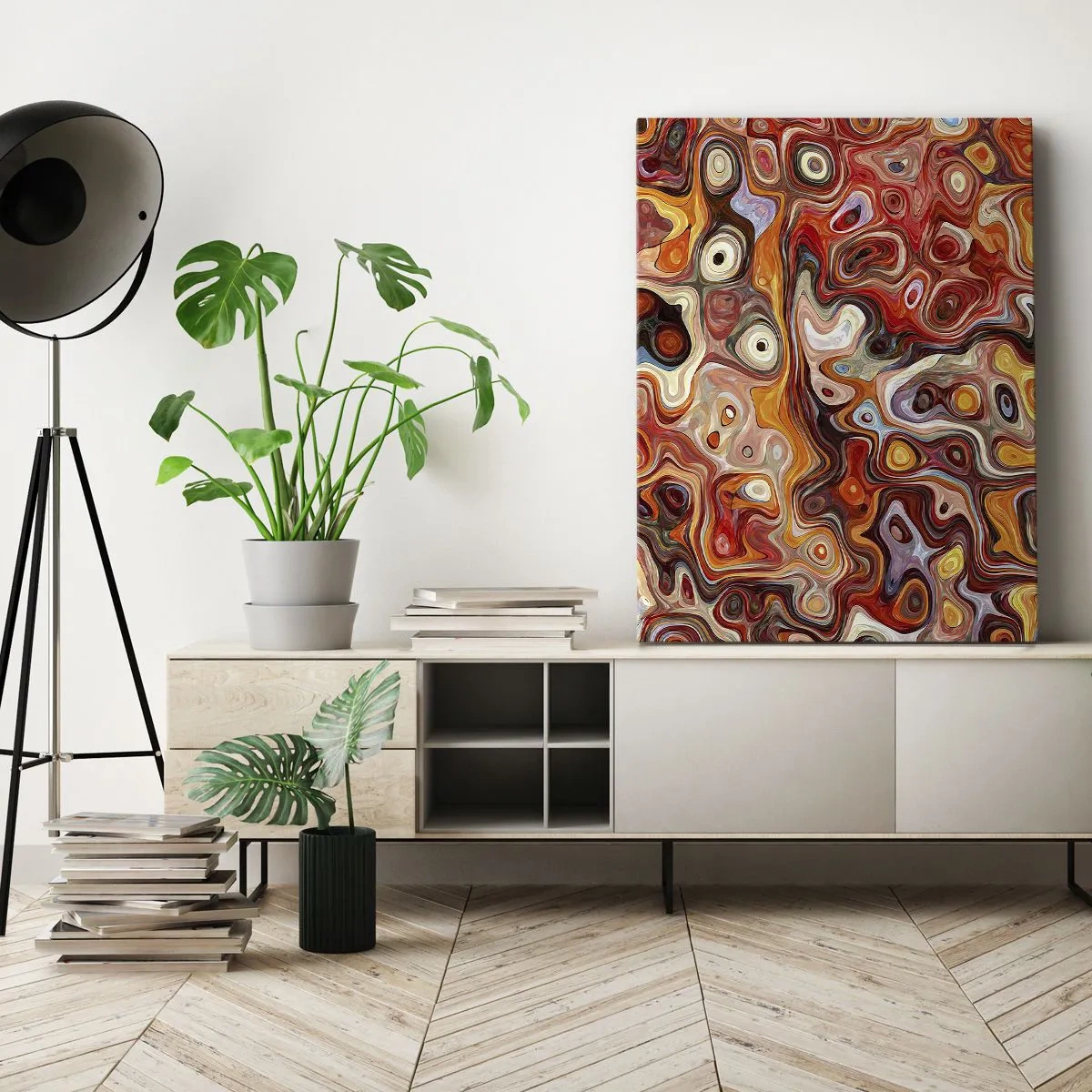 Cuadro sobre lienzo - Impresión de Imagen - Una composición abstracta en tonos cálidos de rojo, naranja y amarillo. - 50x70cm - Si las nueces se derritieran en la miel - Decoración de pared moderna para salón y dormitorio ARTTOR
