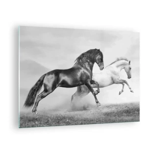 Cuadro sobre vidrio - Impresiones sobre Vidrio - Caballos blancos y negros en un entorno dinámico. - 70x50cm - Ángeles y demonios - Decoración de pared moderna para salón y dormitorio ARTTOR