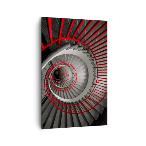 Cuadro sobre lienzo - Impresión de Imagen - Escalera de caracol con pasamanos rojos en perspectiva dinámica. - 80x120cm - Juegos arquitectónicos - Decoración de pared moderna para salón y dormitorio ARTTOR