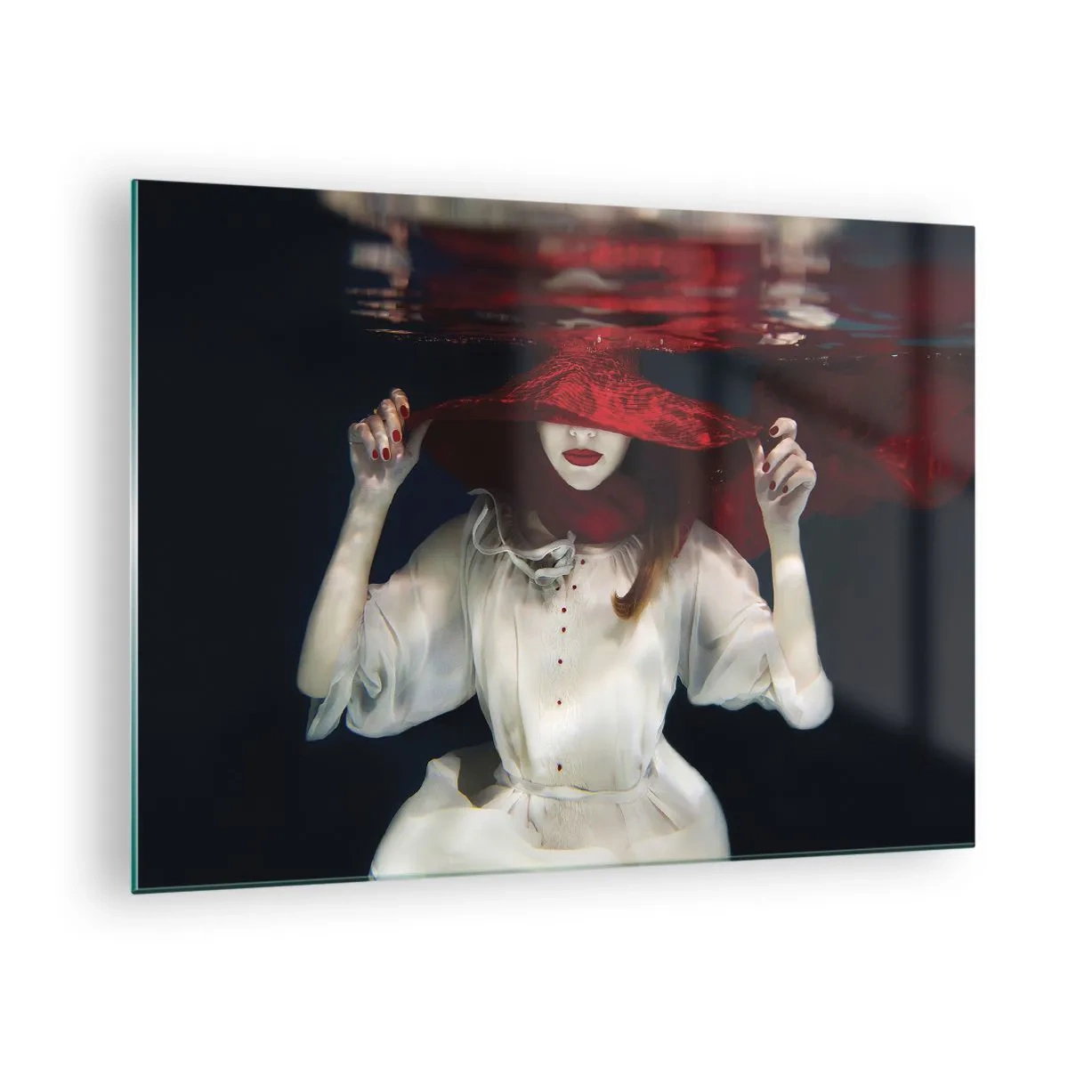 Cuadro sobre vidrio - Impresiones sobre Vidrio - Mujer con sombrero rojo bajo el agua - 70x50cm - Blanco y rojo - Decoración de pared moderna para salón y dormitorio ARTTOR