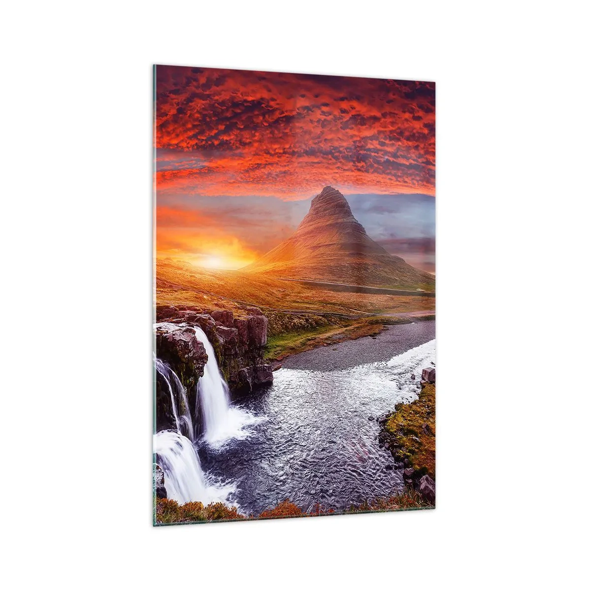 Cuadro sobre vidrio - Impresiones sobre Vidrio - Paisaje de montaña con cascada al atardecer. - 70x100cm - Una vista de la Tierra Media - Decoración de pared moderna para salón y dormitorio ARTTOR