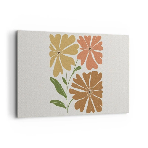 Cuadro sobre lienzo - Impresión de Imagen - Tres flores en colores cálidos sobre un fondo claro. - 100x70cm - Naturaleza y geometría - Decoración de pared moderna para salón y dormitorio ARTTOR