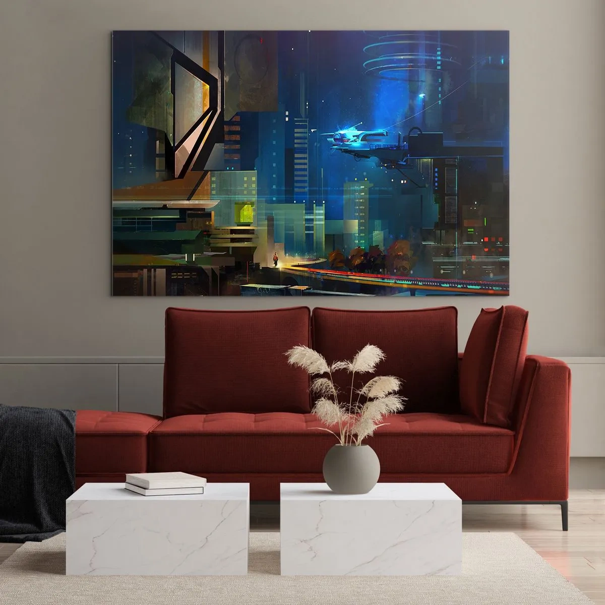 Cuadro sobre vidrio - Impresiones sobre Vidrio - Ciudad futurista de noche con luces de neón y un vehículo volador. - 70x50cm - En un futuro próximo - Decoración de pared moderna para salón y dormitorio ARTTOR