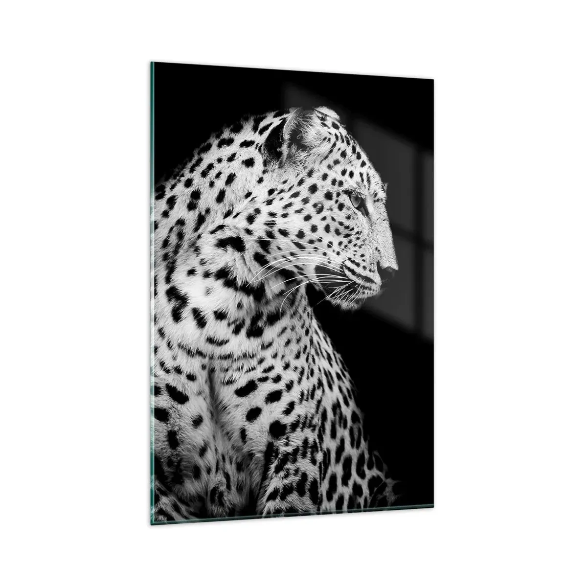 Cuadro sobre vidrio - Impresiones sobre Vidrio - Imagen en blanco y negro de un leopardo sobre un fondo negro. - 80x120cm - El perfil derecho es perfecto - Decoración de pared moderna para salón y dormitorio ARTTOR