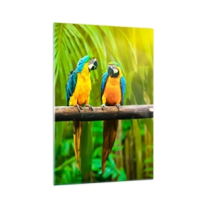 Cuadro sobre vidrio - Impresiones sobre Vidrio - Tres loros coloridos sobre un fondo de vegetación tropical. - 70x100cm - ¿Y has oído que ella...? - Decoración de pared moderna para salón y dormitorio ARTTOR