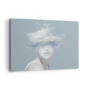 Cuadro sobre lienzo - Impresión de Imagen - Retrato de una mujer con el rostro oculto tras nubes y olas. - 120x80cm - Con la cabeza en las nubes - Decoración de pared moderna para salón y dormitorio ARTTOR