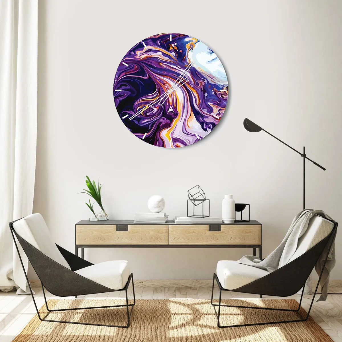 Reloj de pared - Reloj de vidrio - Remolinos abstractos morados con acentos brillantes - 30x30cm - Una curva en el violeta - Decoración de pared moderna para salón, cocina y dormitorio ARTTOR