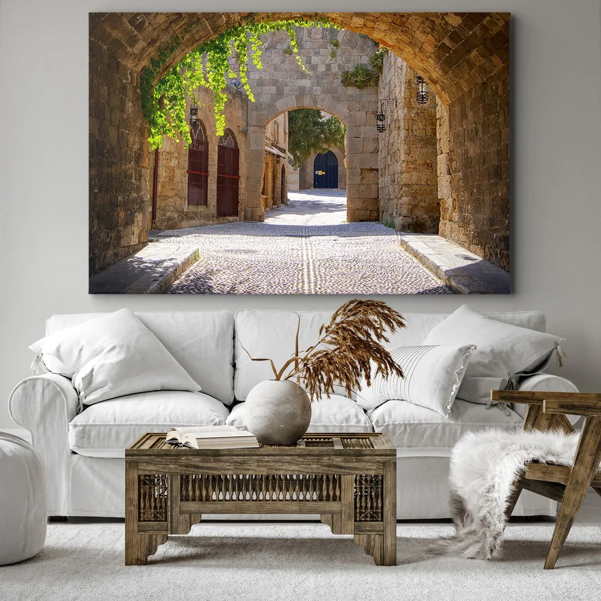 Cuadro sobre lienzo - Impresión de Imagen - Arcos de piedra y calles adoquinadas de estilo medieval - 120x80cm - La procesión está a punto de aparecer. - Decoración de pared moderna para salón y dormitorio ARTTOR