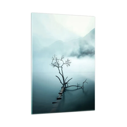 Cuadro sobre vidrio - Impresiones sobre Vidrio - Un árbol solitario con el telón de fondo de montañas envueltas en niebla sobre el agua. - 50x70cm - Fuera del agua y de la niebla - Decoración de pared moderna para salón y dormitorio ARTTOR