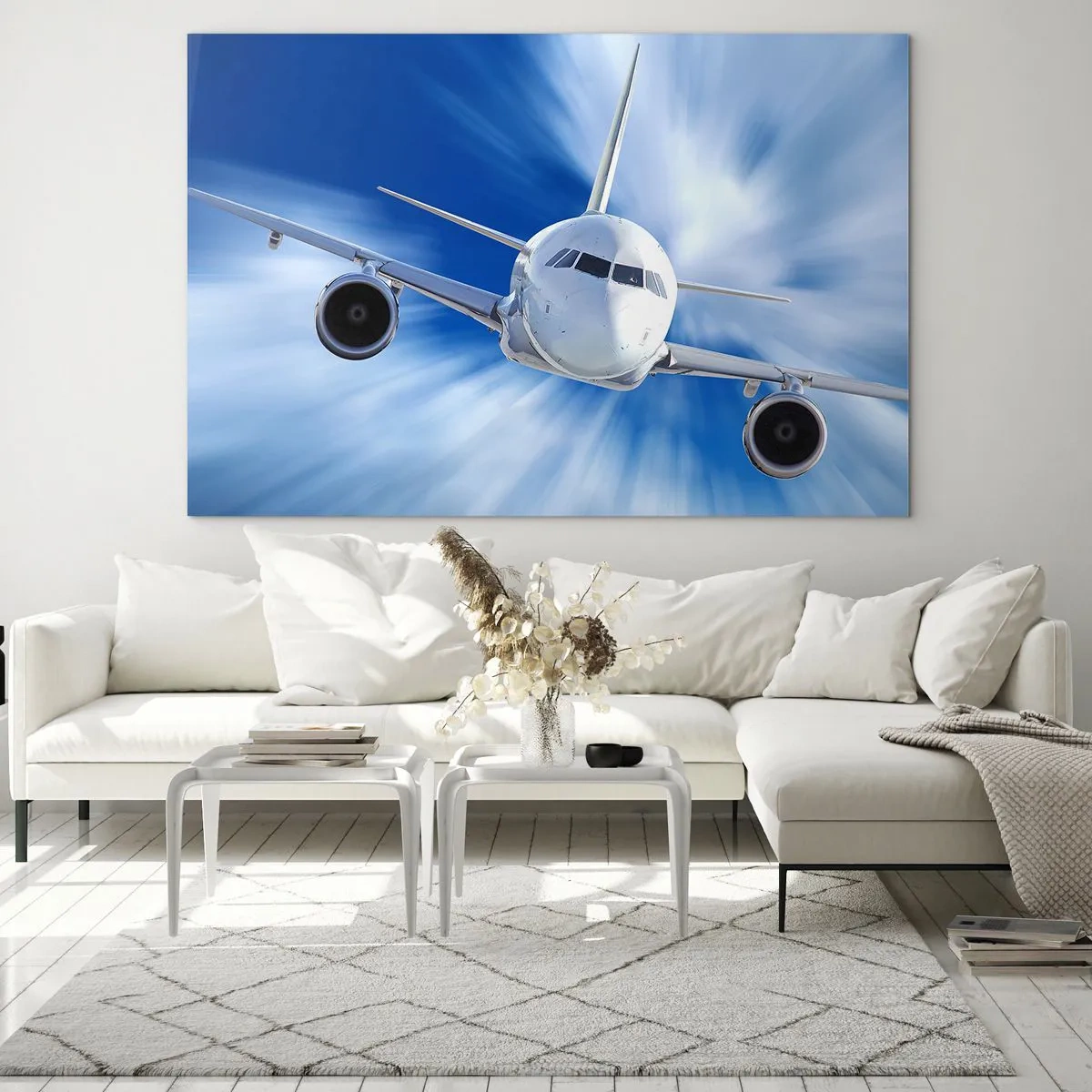 Cuadro sobre vidrio - Impresiones sobre Vidrio - Un avión de pasajeros contra un cielo azul dinámico. - 100x70cm - Más rápido que el viento en el cielo - Decoración de pared moderna para salón y dormitorio ARTTOR