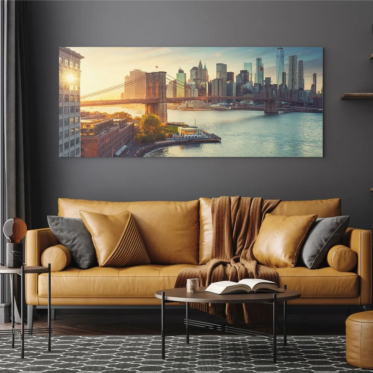 Cuadro sobre vidrio - Impresiones sobre Vidrio - Panorama de la ciudad con el puente al atardecer - 160x50cm - El amanecer de la gran ciudad - Decoración de pared moderna para salón y dormitorio ARTTOR
