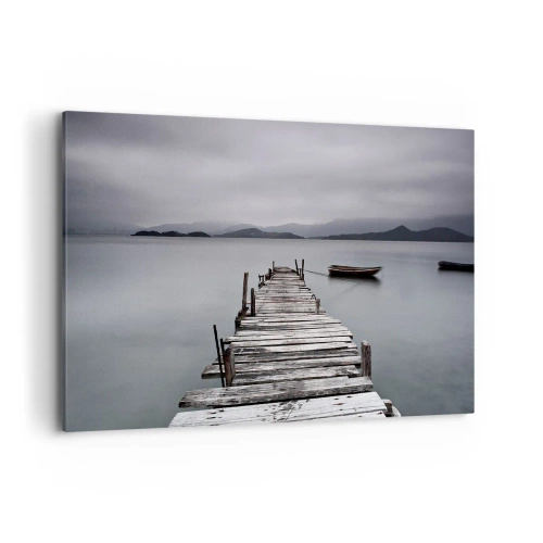 Cuadro sobre lienzo - Impresión de Imagen - Un puente de madera que conduce a la tranquila superficie del lago. - 100x70cm - Mañana partimos - Decoración de pared moderna para salón y dormitorio ARTTOR