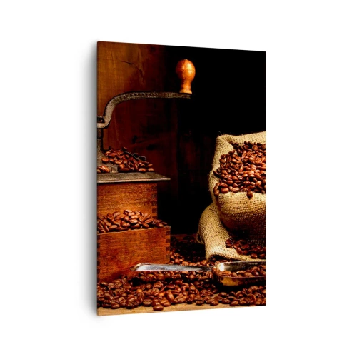 Cuadro sobre lienzo - Impresión de Imagen - Un antiguo molinillo de café con granos y una bolsa en estilo rústico. - 70x100cm - Bodegón con granos de café y molinillo - Decoración de pared moderna para salón y dormitorio ARTTOR