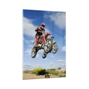 Cuadro sobre vidrio - Impresiones sobre Vidrio - Pilotos de motocross en el aire durante un salto - 80x120cm - Salto del cielo - Decoración de pared moderna para salón y dormitorio ARTTOR