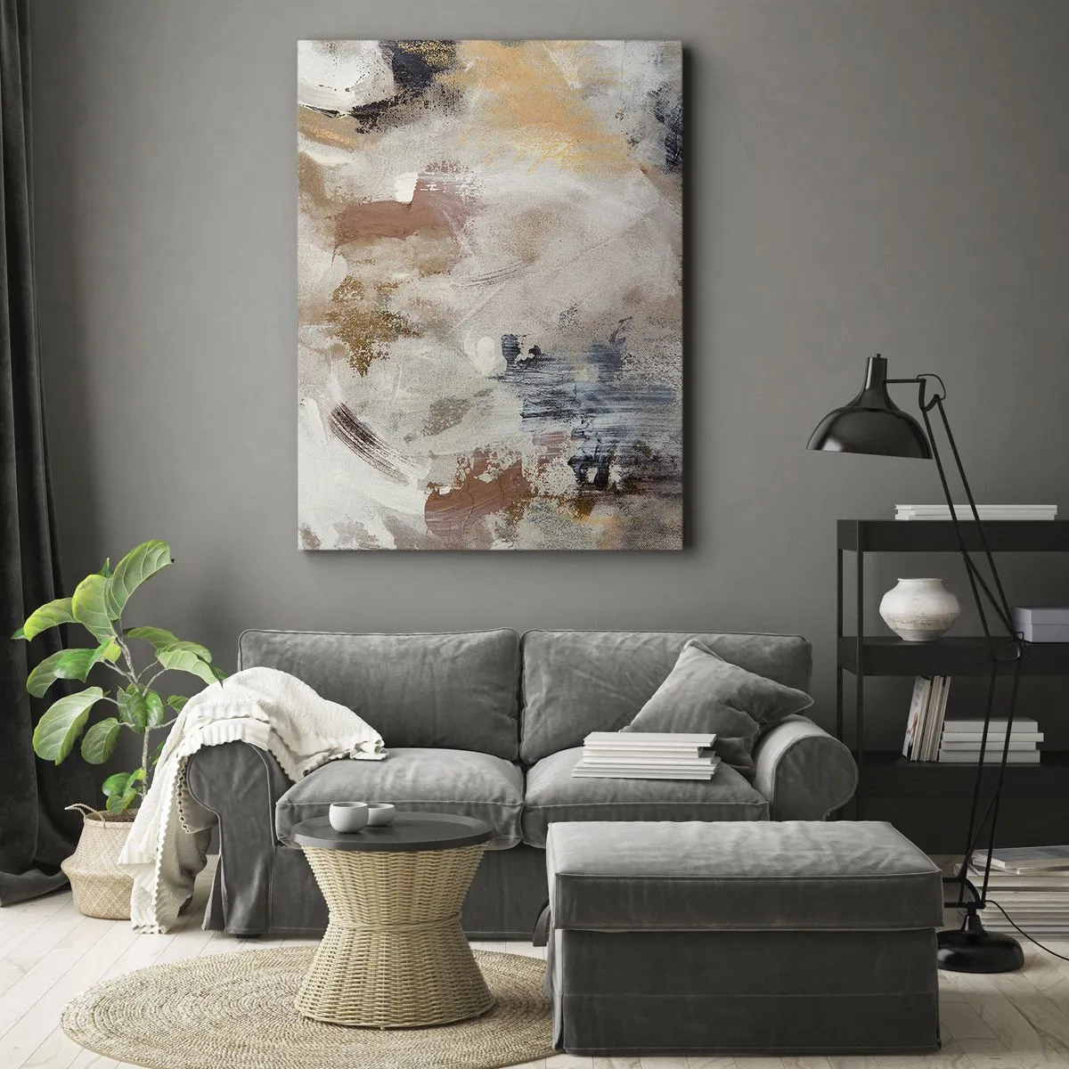 Cuadro sobre lienzo - Impresión de Imagen - Manchas abstractas en tonos apagados de beige y dorado. - 50x70cm - Abstracción brumosa - Decoración de pared moderna para salón y dormitorio ARTTOR