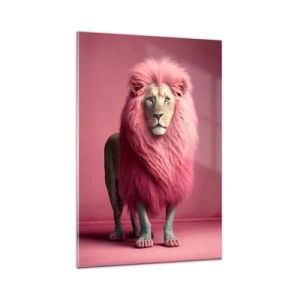 Cuadro sobre vidrio - Impresiones sobre Vidrio - Un león artísticamente representado con una melena rosa sobre un fondo rosa. - 80x120cm - Y ya no me tienes miedo - Decoración de pared moderna para salón y dormitorio ARTTOR