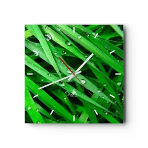 Reloj de pared - Reloj de vidrio - Primer plano de hojas verdes de hierba con gotas de rocío - 30x30cm - Jugar al verde - Decoración de pared moderna para salón y dormitorio ARTTOR