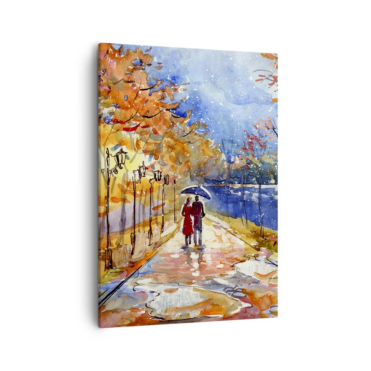 Cuadro sobre lienzo - Impresión de Imagen - Un paseo otoñal por el parque a orillas del río bajo una sombrilla. - 50x70cm - Juntos hasta el límite del tiempo - Decoración de pared moderna para salón y dormitorio ARTTOR