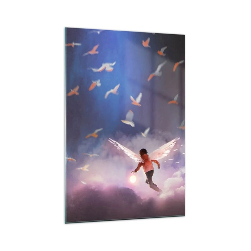 Cuadro sobre vidrio - Impresiones sobre Vidrio - Una figura con alas de ángel flotando entre pájaros en el cielo. - 70x100cm - Imaginación y valor - Decoración de pared moderna para salón y dormitorio ARTTOR