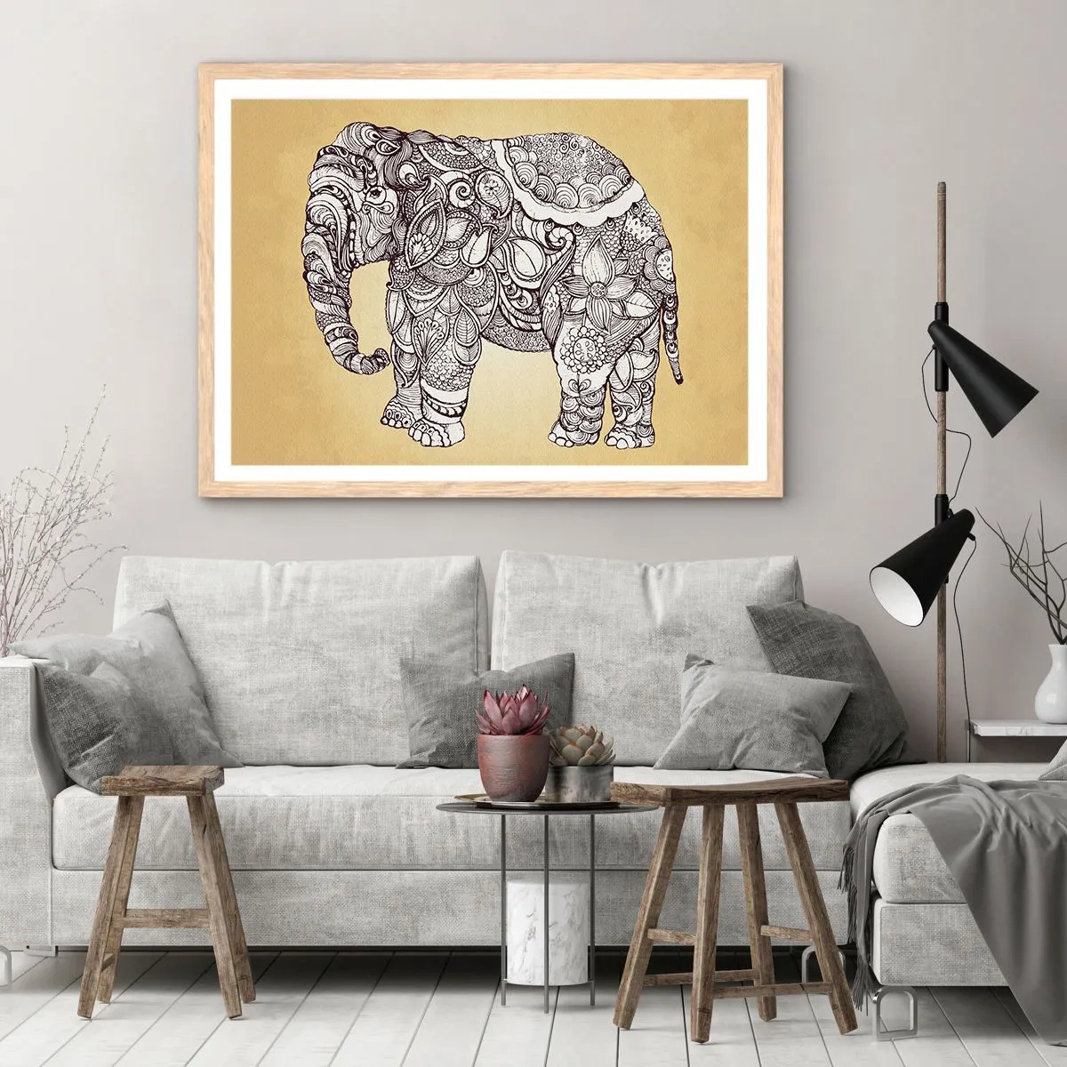 Póster en marco roble claro - El elefante decorado - 40x30 cm