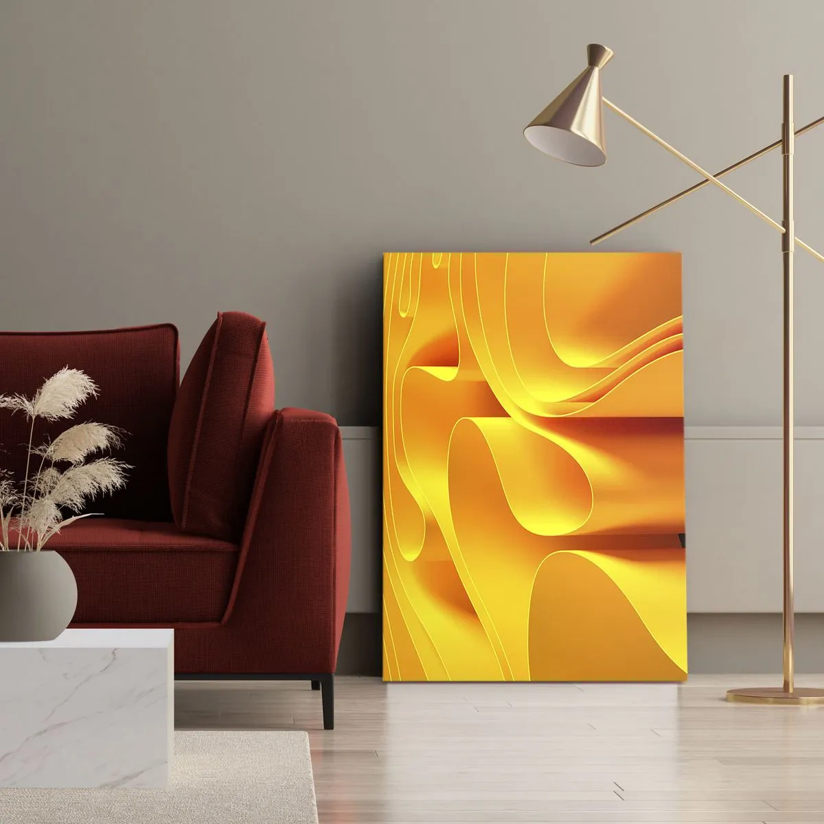 Cuadro sobre lienzo - Impresión de Imagen - Ondas abstractas amarillas que se asemejan a los rayos del sol - 50x70cm - Como las olas del sol - Decoración de pared moderna para salón y dormitorio ARTTOR