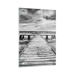 Cuadro sobre vidrio - Impresiones sobre Vidrio - Un embarcadero blanco y negro en medio de olas agitadas - 50x70cm - Estoy esperando que sople el viento... - Decoración de pared moderna para salón y dormitorio ARTTOR