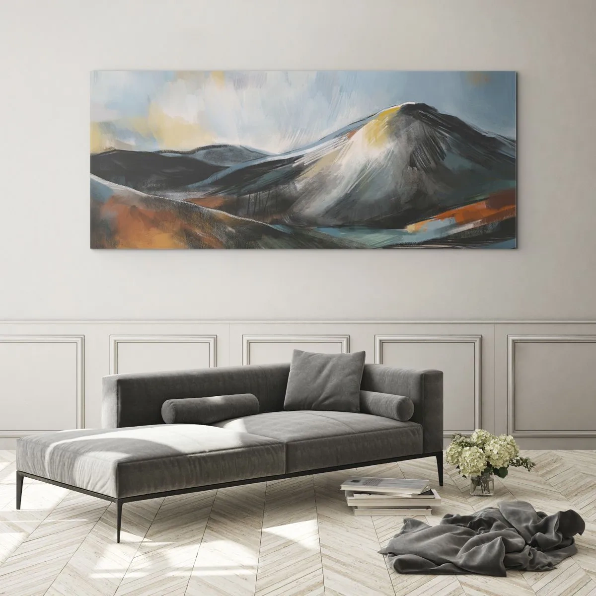 Cuadro sobre vidrio - Impresiones sobre Vidrio - Paisaje montañoso abstracto en tonos cálidos - 140x50cm - Crudo y bello - Decoración de pared moderna para salón y dormitorio ARTTOR
