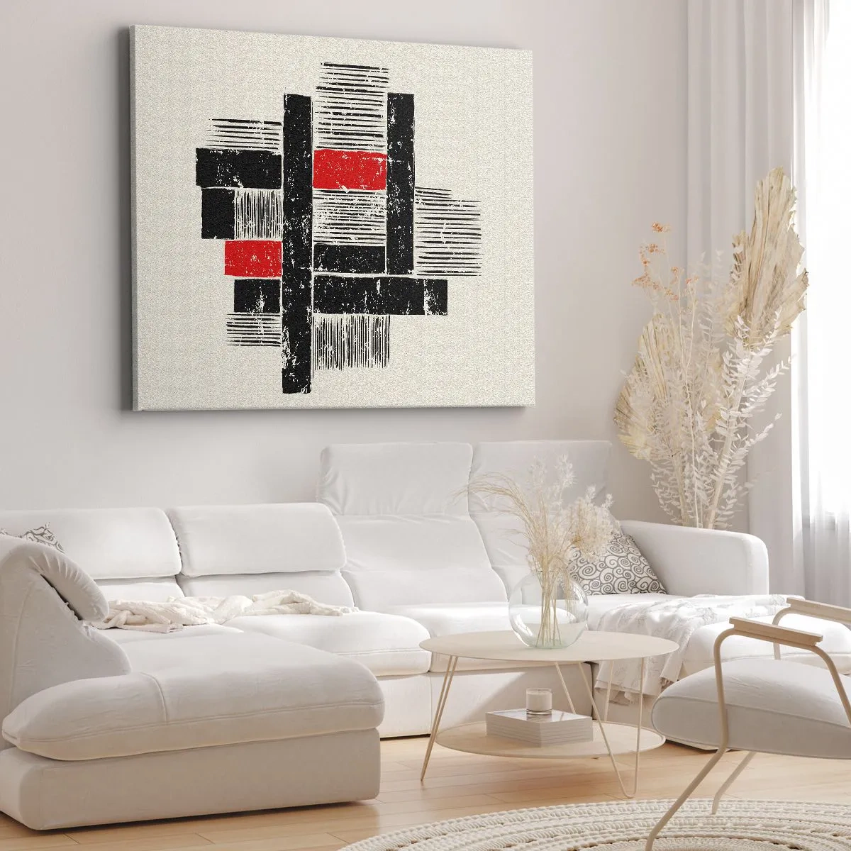 Cuadro sobre lienzo - Impresión de Imagen - Composición geométrica abstracta en negro y rojo. - 70x50cm - Rojo y negro - Decoración de pared moderna para salón y dormitorio ARTTOR