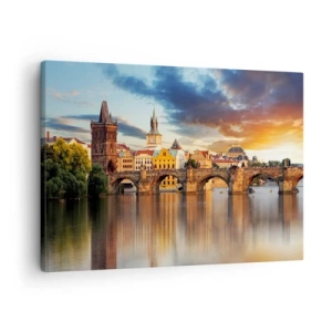 Cuadro sobre lienzo - Impresión de Imagen - El puente histórico sobre el río a la luz del sol poniente. - 70x50cm - La belleza no tiene edad - Decoración de pared moderna para salón y dormitorio ARTTOR