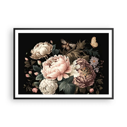 Póster en marco negro - Un ramo de flores rosas y mariposas sobre un fondo negro. - 100x70cm - En estilo barroco - Decoración de pared moderna para salón y dormitorio ARTTOR
