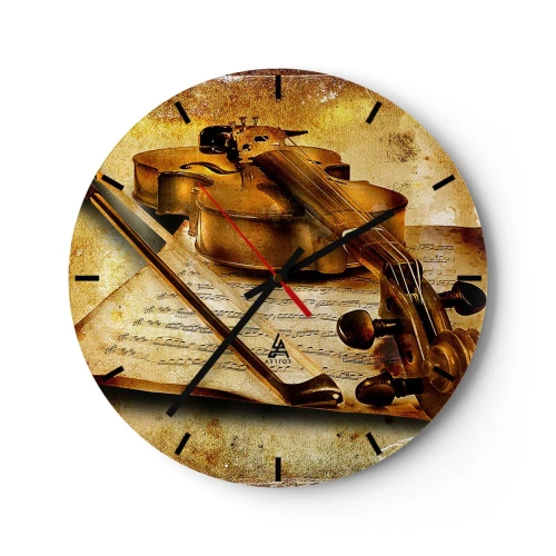 Reloj de pared - Reloj de vidrio - Un motivo de violín con notas musicales sobre un fondo dorado. - 30x30cm - Se necesita un virtuoso de inmediato - Decoración de pared moderna para salón, cocina y dormitorio ARTTOR