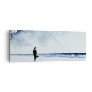 Cuadro sobre lienzo - Impresión de Imagen - Una figura en una playa en un entorno de mar tranquilo. - 140x50cm - Conversación con el mar - Decoración de pared moderna para salón y dormitorio ARTTOR
