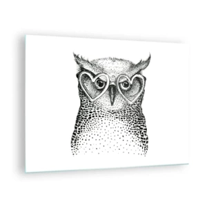 Cuadro sobre vidrio - Impresiones sobre Vidrio - Ilustración de un búho con gafas en forma de corazón - 70x50cm - Con sabiduría y amor - Decoración de pared moderna para salón y dormitorio ARTTOR