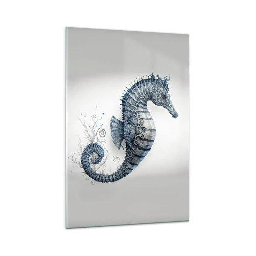 Cuadro sobre vidrio - Impresiones sobre Vidrio - Caballito de mar en tonos azules con detalles de acuarela - 80x120cm - Una sutil broma de la naturaleza - Decoración de pared moderna para salón y dormitorio ARTTOR